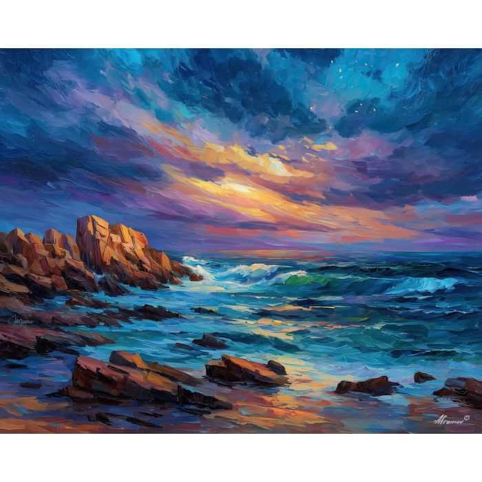 brittany coast,rocky shore,oil painting,afremov style