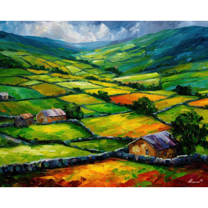 irish farmland,stone walls,oil painting,afremov style