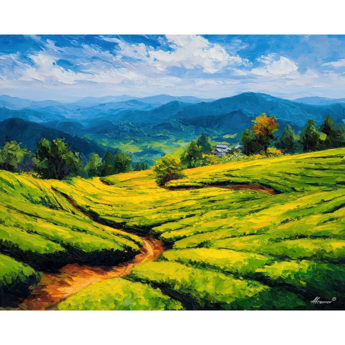 japanese tea fields,green hills,oil painting,afremov style