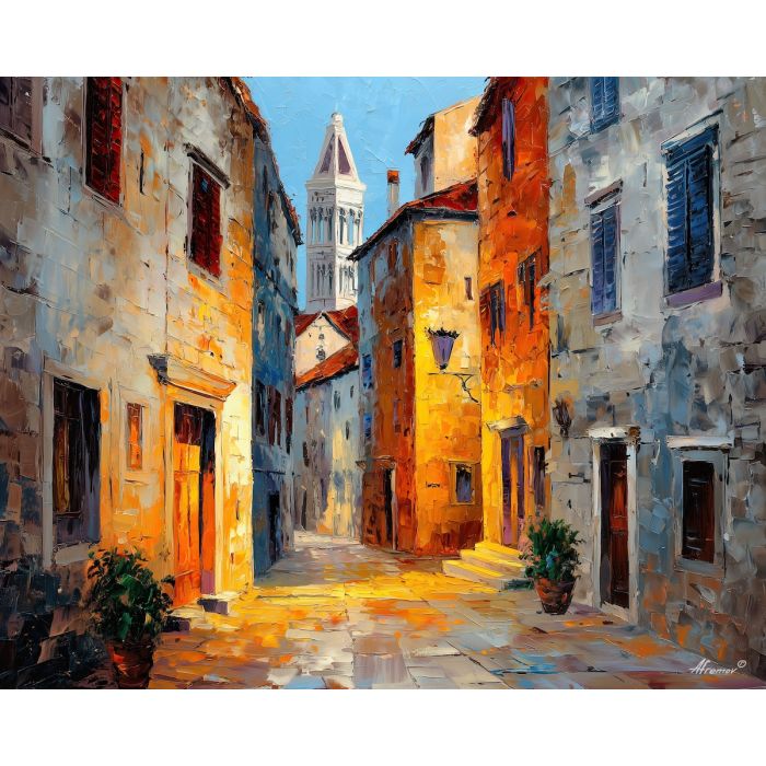 trogir old town,stone streets,oil painting,afremov style