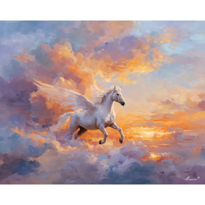 pegasus fantasy,clouds sunrise,oil painting,afremov style