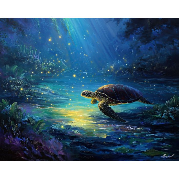 fantasy turtle,glowing lagoon,oil painting,afremov style