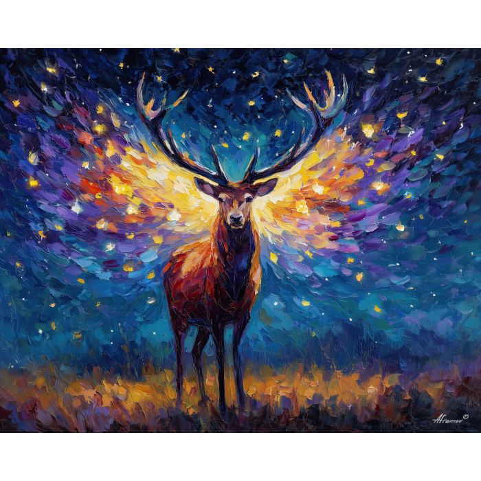 fantasy stag,glowing wings,starry sky,oil painting,afremov style