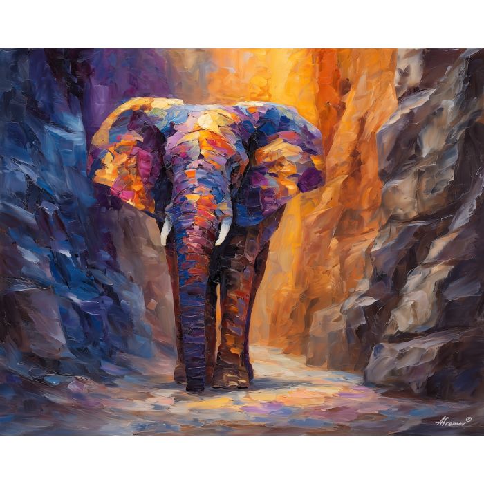 fantasy elephant,stone skin,canyon landscape,oil painting,afremov style