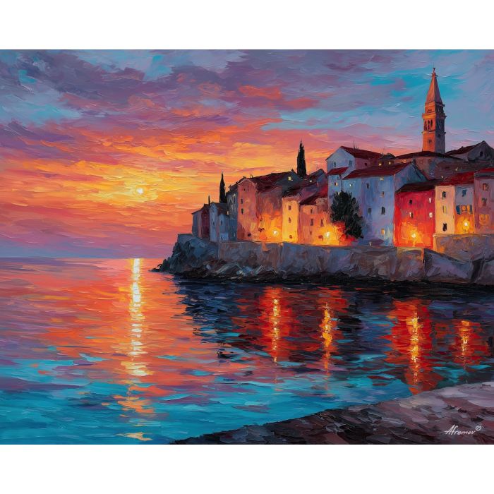 adriatic coast dawn,croatia shoreline,oil painting,afremov style