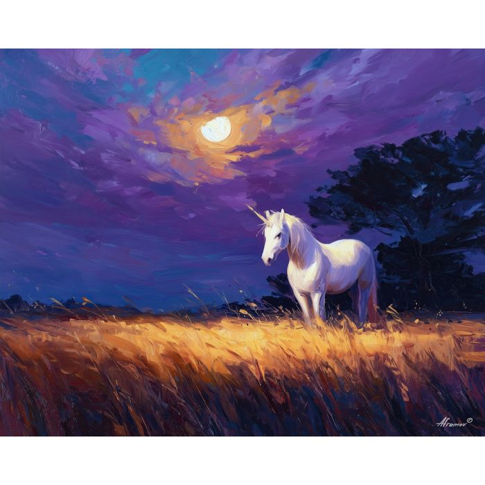 unicorn fantasy,moonlit field,oil painting,afremov style