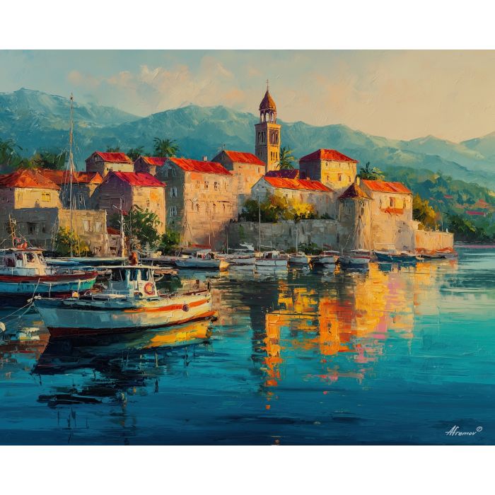korcula harbor,island morning,oil painting,afremov style