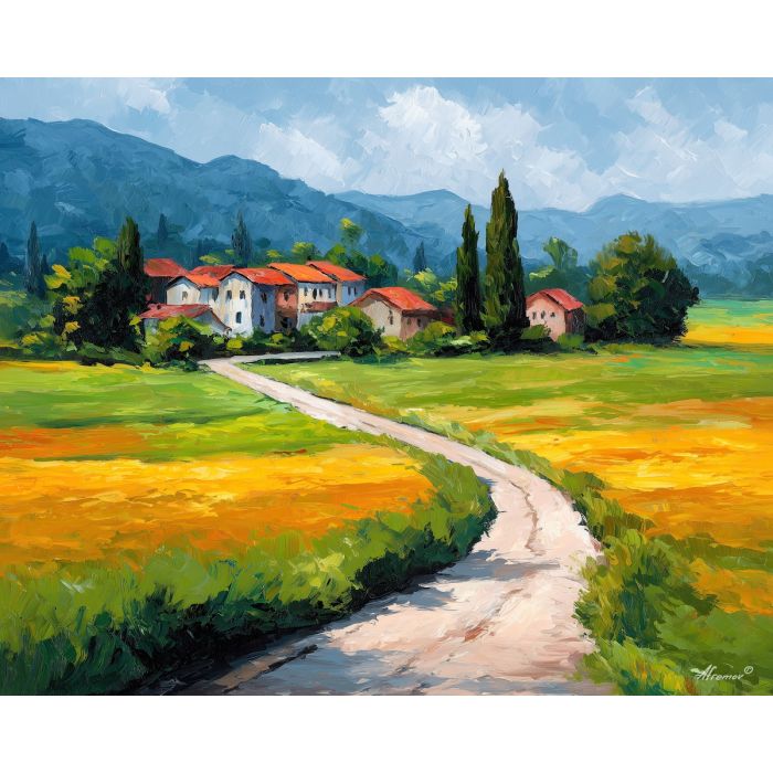 croatia countryside road,farmland,oil painting,afremov style