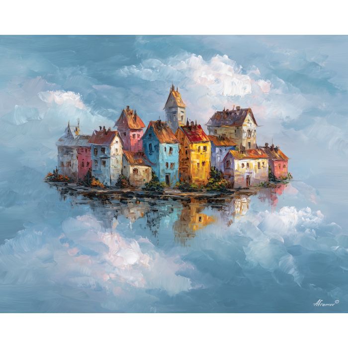 floating sky city,soft clouds,oil painting,afremov style