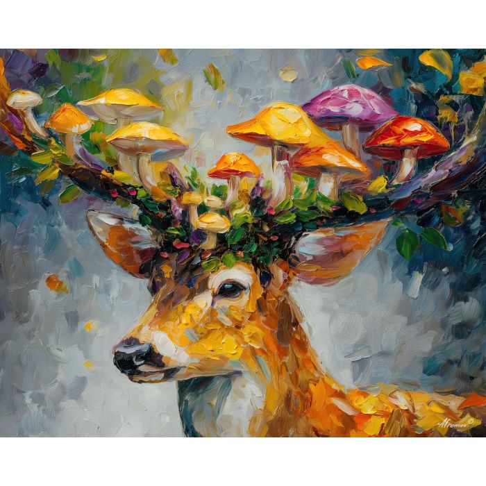 fantasy deer,mushroom antlers,enchanted forest,oil painting,afremov style