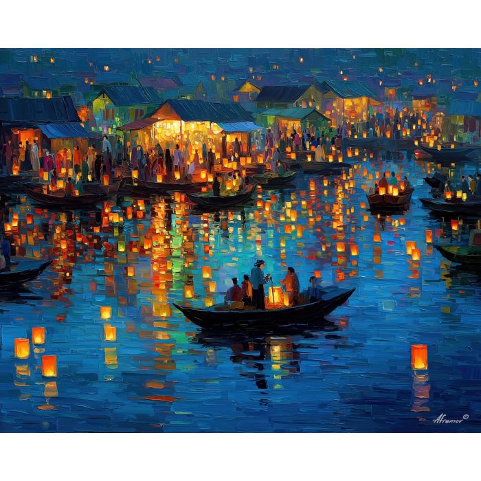 fantasy market,sky lanterns,oil painting,afremov style