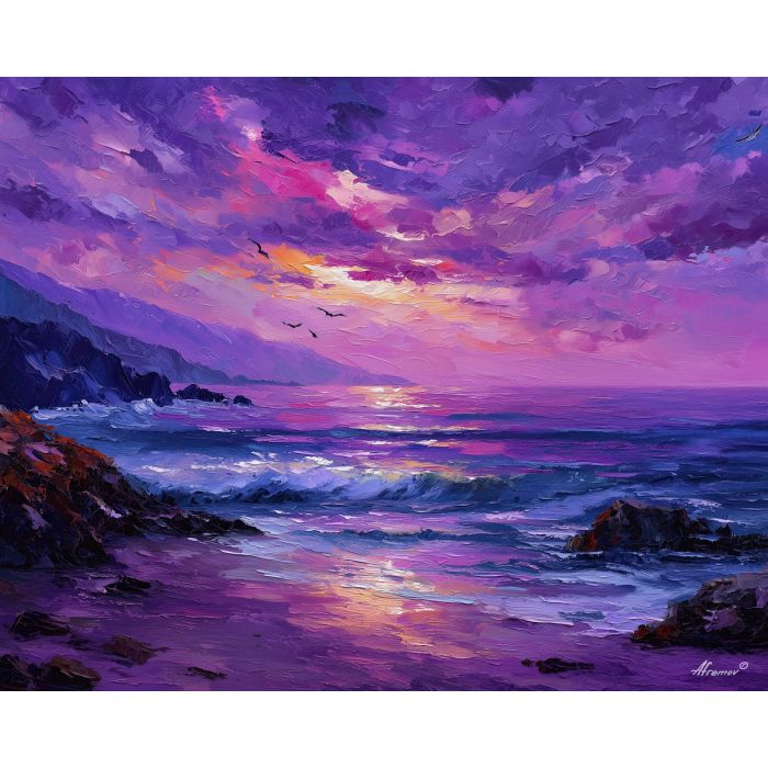 fantasy coast,violet sky,oil painting,afremov style