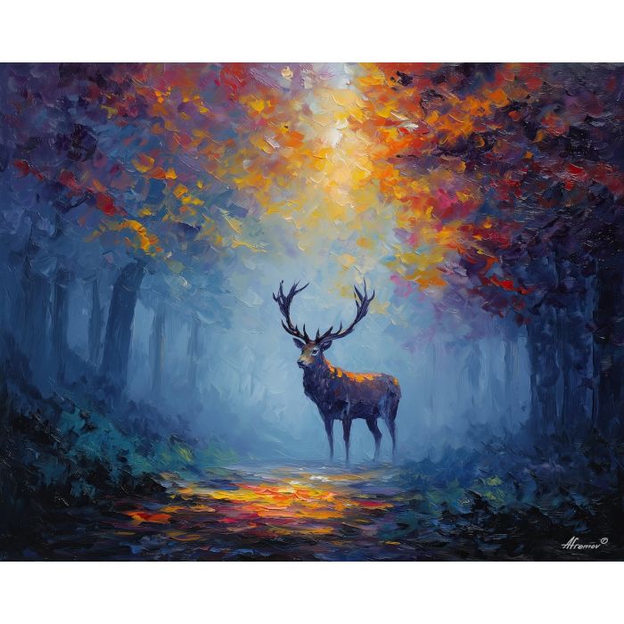 fantasy stag,glowing antlers,autumn forest,oil painting,afremov style