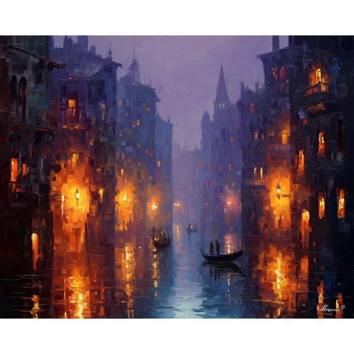 fantasy canal city,glowing mist,magical architecture,oil painting,afremov style