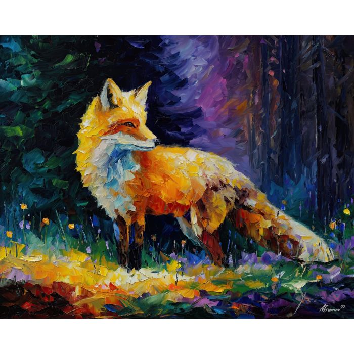 fantasy fox,crystal fur,enchanted forest,oil painting,afremov style