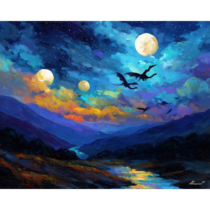 dragons,fantasy ridge,multiple moons,oil painting,afremov style