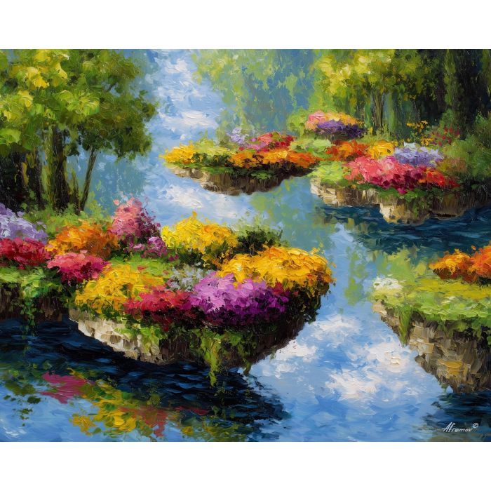 floating gardens,fantasy islands,oil painting,afremov style