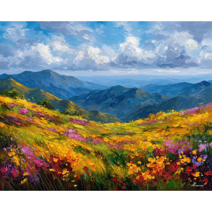 floating meadow,fantasy sky,oil painting,afremov style