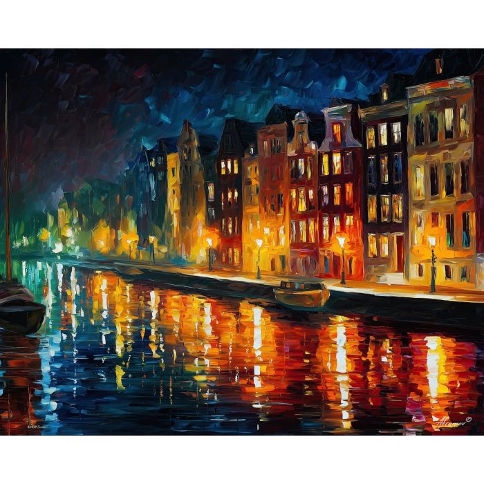 fantasy river city,lantern lights,oil painting,afremov style