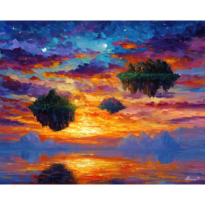 floating islands,glowing sky,fantasy landscape,oil painting,afremov style,magical world