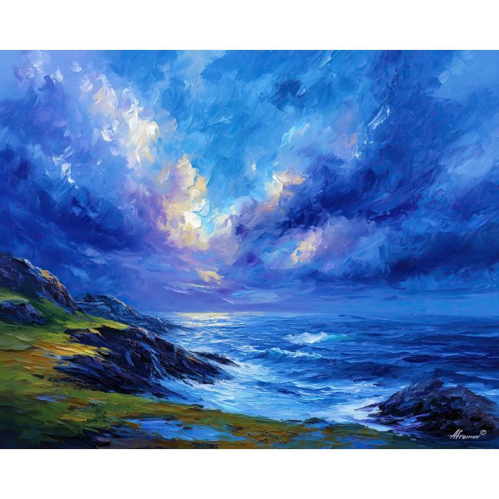 fantasy coast,sapphire sky,oil painting,afremov style