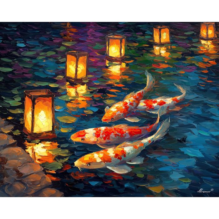 fantasy koi,lantern pond,oil painting,afremov style