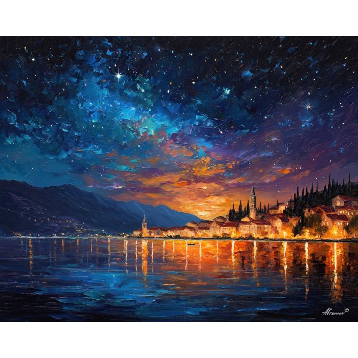croatia night sky,stars landscape,oil painting,afremov style