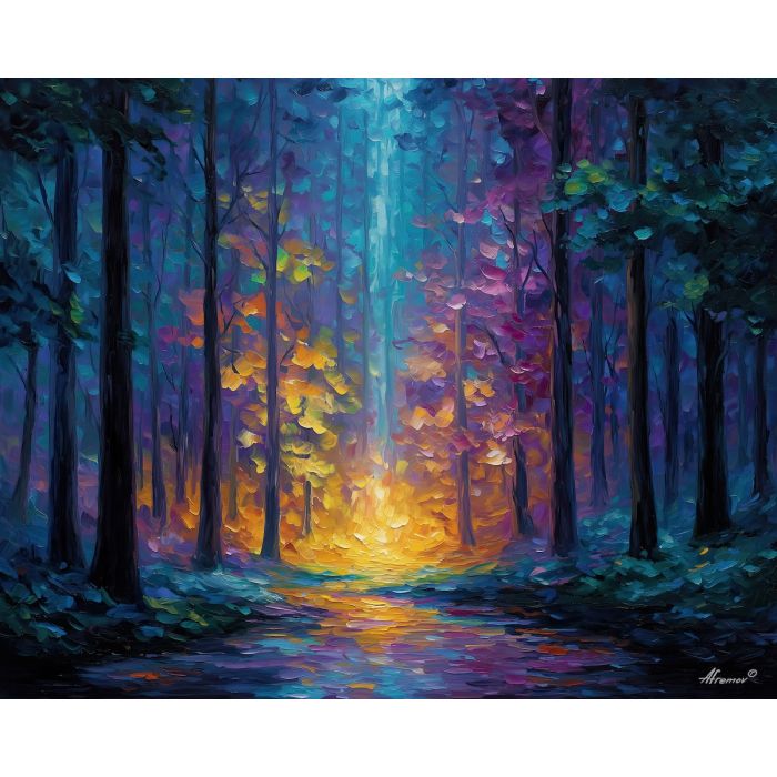 glowing forest,magical light,fantasy trees,oil painting,afremov style