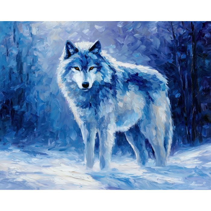 fantasy wolf,icy fur,winter forest,oil painting,afremov style