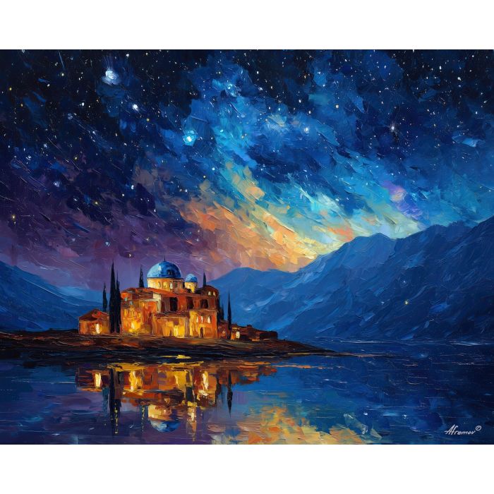 fantasy observatory,star sky,floating structure,oil painting,afremov style