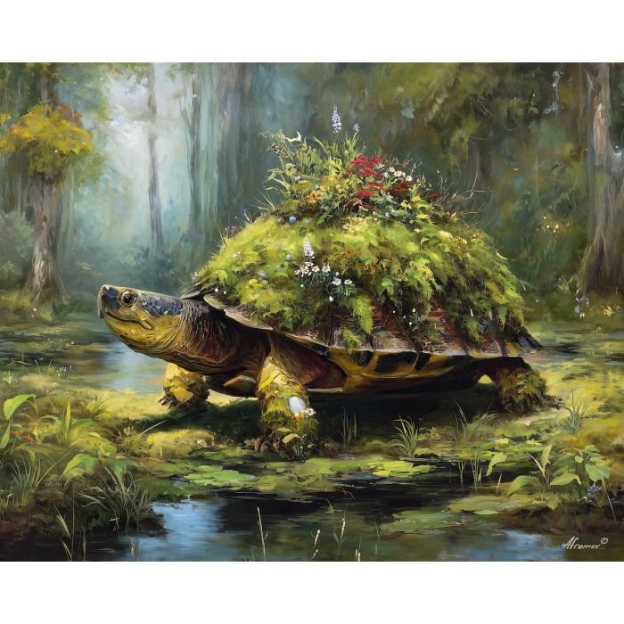 fantasy turtle,moss shell,wetland landscape,oil painting,afremov style