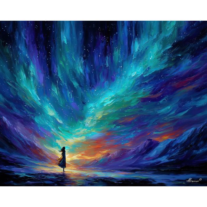 fae being,aurora magic,fantasy figure,oil painting,afremov style