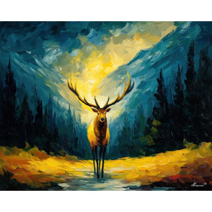 fantasy elk,glowing antlers,magical valley,oil painting,afremov style