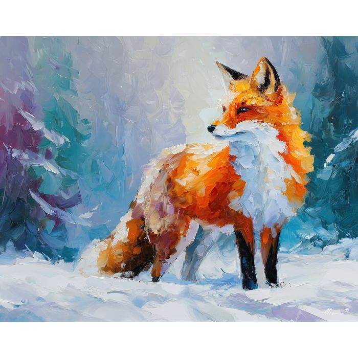 fantasy fox,icy tail,snow forest,oil painting,afremov style