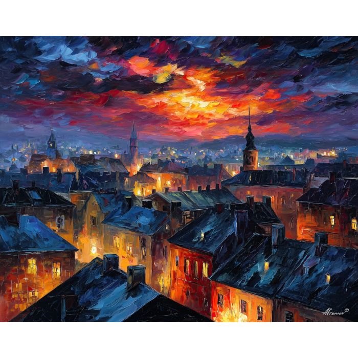 fantasy rooftops city,twilight sky,oil painting,afremov style