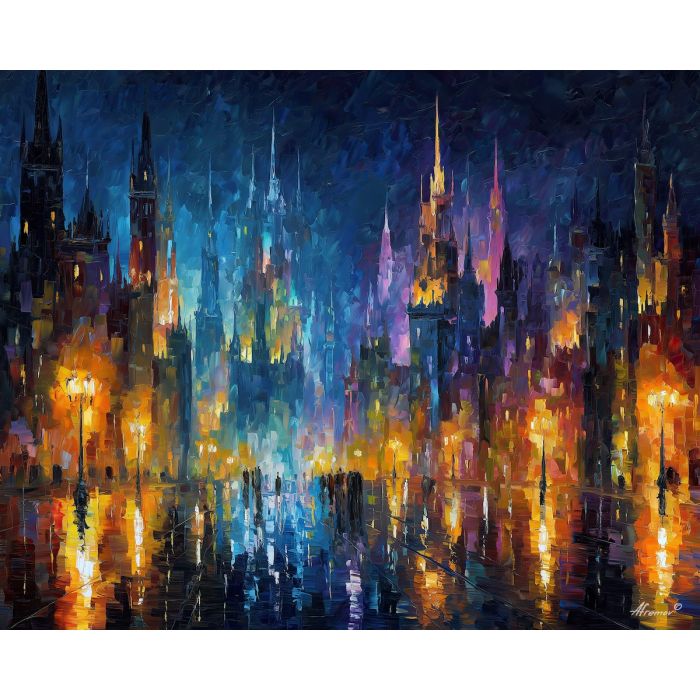 magical city,fantasy spires,glowing beings,oil painting,afremov style,astral architecture