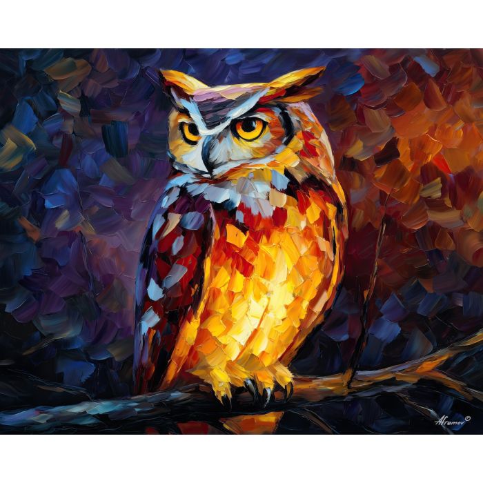 fantasy owl,glowing wings,dusk sky,oil painting,afremov style