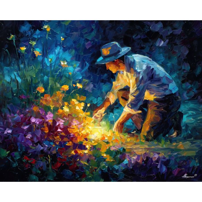magical caretaker,glowing garden,oil painting,afremov style