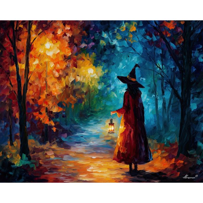 witch fantasy,lantern light,oil painting,afremov style