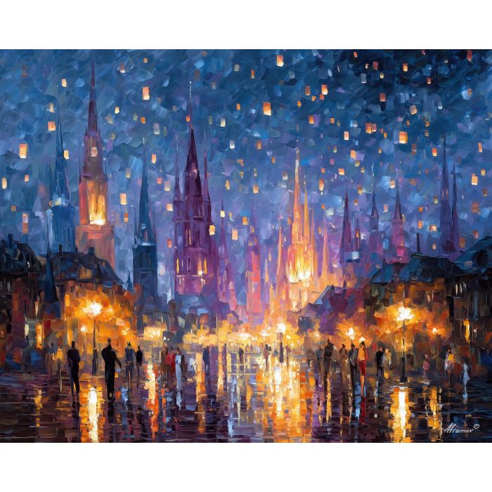 magical city,lantern spires,fantasy architecture,oil painting,afremov style