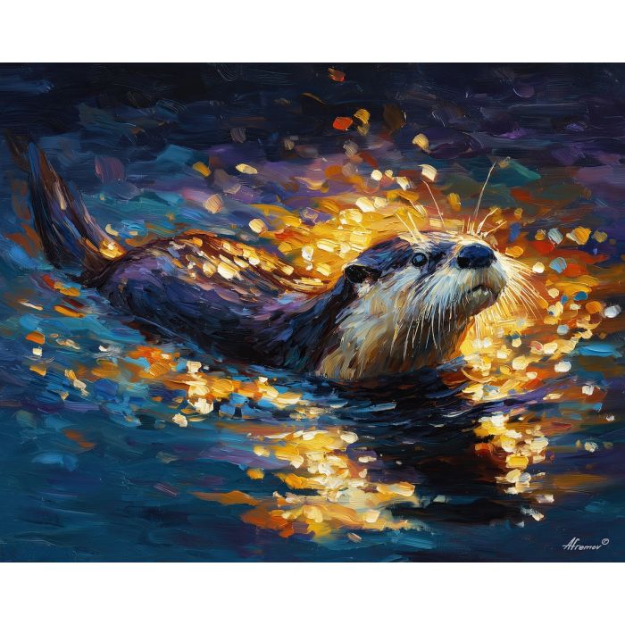 fantasy otter,shimmering fins,river scene,oil painting,afremov style
