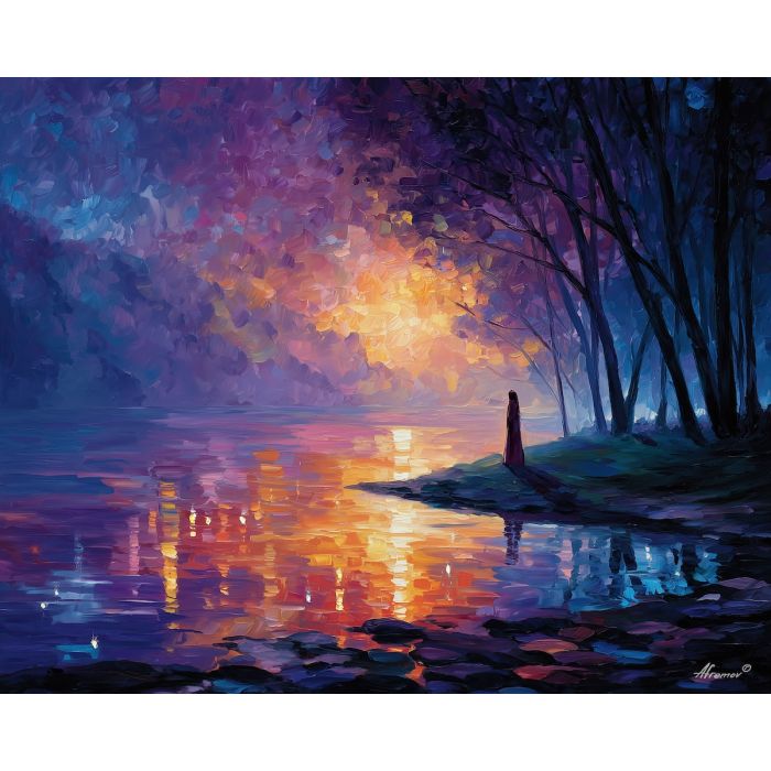 river spirit,magical figure,dusk landscape,oil painting,afremov style