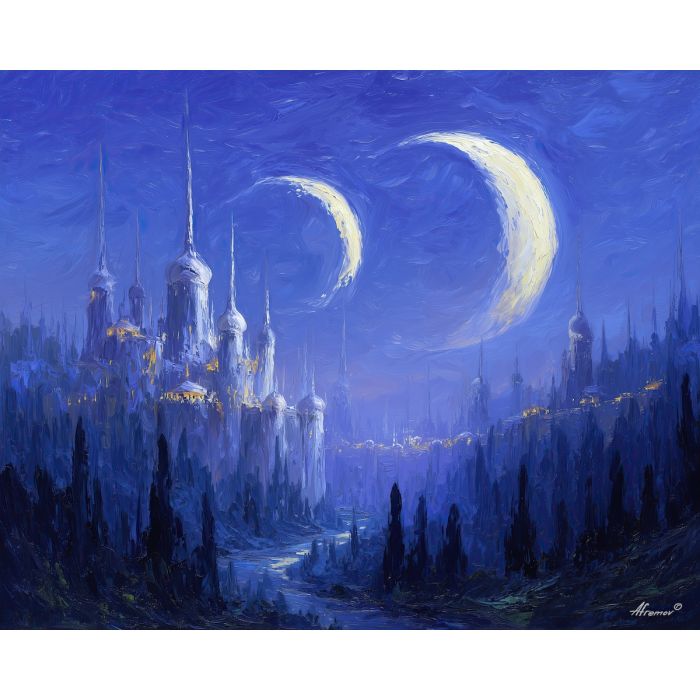 moonlit city,fantasy citadel,oil painting,afremov style