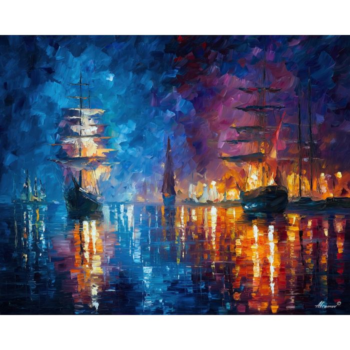 fantasy sky harbor,magical ships,oil painting,afremov style