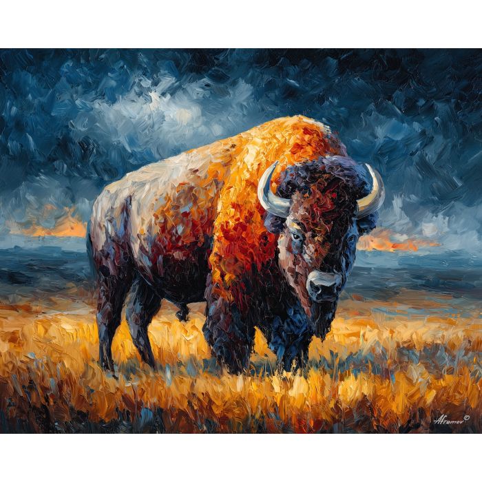 fantasy bison,storm plains,magical animal,oil painting,afremov style