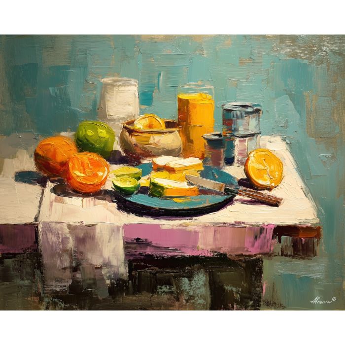 fresh, familiar, table, palette knife, oil painting, impasto, thick pigment, layered surface, scraped paint, textured strokes, expressive surface, material depth, hand painted, visual balance, atmospheric, color interaction, paint ridges, manual technique