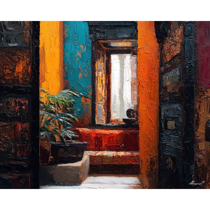 hidden, window, palette knife, oil painting, impasto, thick pigment, layered surface, scraped paint, textured strokes, expressive surface, material depth, hand painted, visual balance, atmospheric, color interaction, paint ridges, manual technique