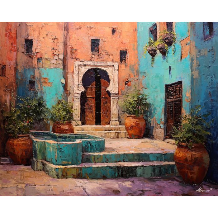 muted, courtyard, palette knife, oil painting, impasto, thick pigment, layered surface, scraped paint, textured strokes, expressive surface, material depth, hand painted, visual balance, atmospheric, color interaction, paint ridges, manual technique
