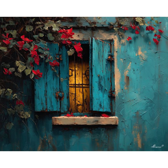 hidden, quiet, window, palette knife, oil painting, impasto, thick pigment, layered surface, scraped paint, textured strokes, expressive surface, material depth, hand painted, visual balance, atmospheric, color interaction, paint ridges, manual technique