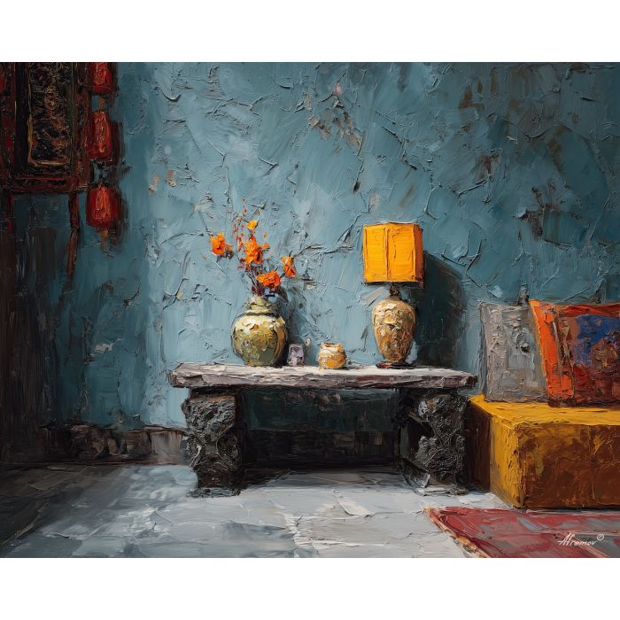 interior, moment, palette knife, oil painting, impasto, thick pigment, layered surface, scraped paint, textured strokes, expressive surface, material depth, hand painted, visual balance, atmospheric, color interaction, paint ridges, manual technique